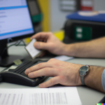 Bildbeispiel zur Erstellung von Gefährdungsbeurteilungen. Es zeigt die Hände einer Person die an einem Computer arbeitet.