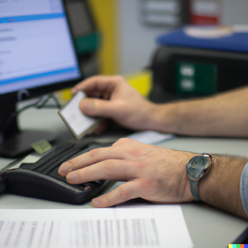 Bildbeispiel zur Erstellung von Gefährdungsbeurteilungen. Es zeigt die Hände einer Person die an einem Computer arbeitet.